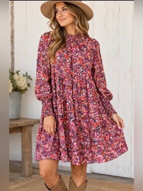 Maia Floral Tiered Mini Dress Size 6 Pink Red Green Long Sleeve Mock Neck